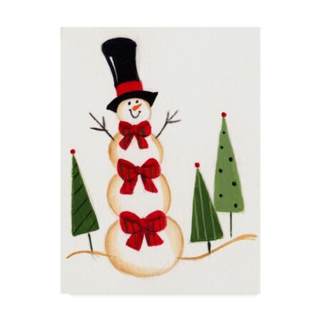 Beverly Johnston 'Snowman With Three Red Bows' Canvas Art,14x19